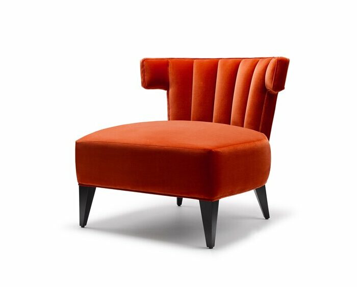 The Isabella Slipper Chair - Terracotta Cotton Velvet - Walnut Lacquer Legs - Angled View