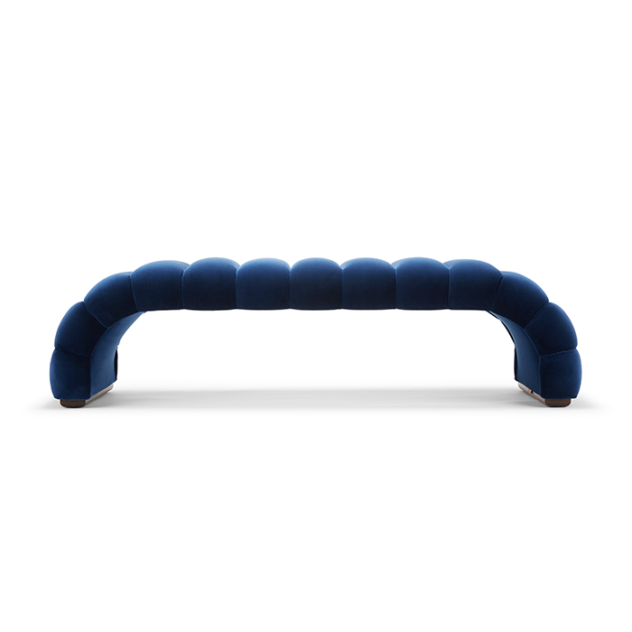 The Fleure Bench - Shown here upholstered in Designers Guild Denim cotton velvet, with feet in oiled walnut.