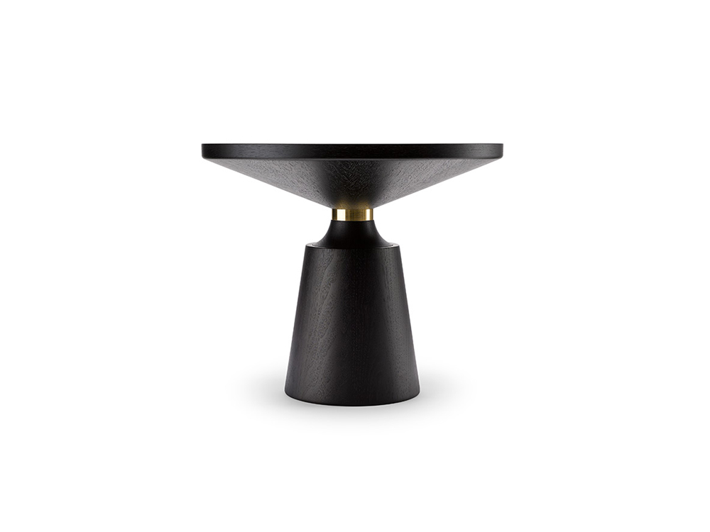 The Nicole Occasional Table show here in black lacquered walnut with metal collar.