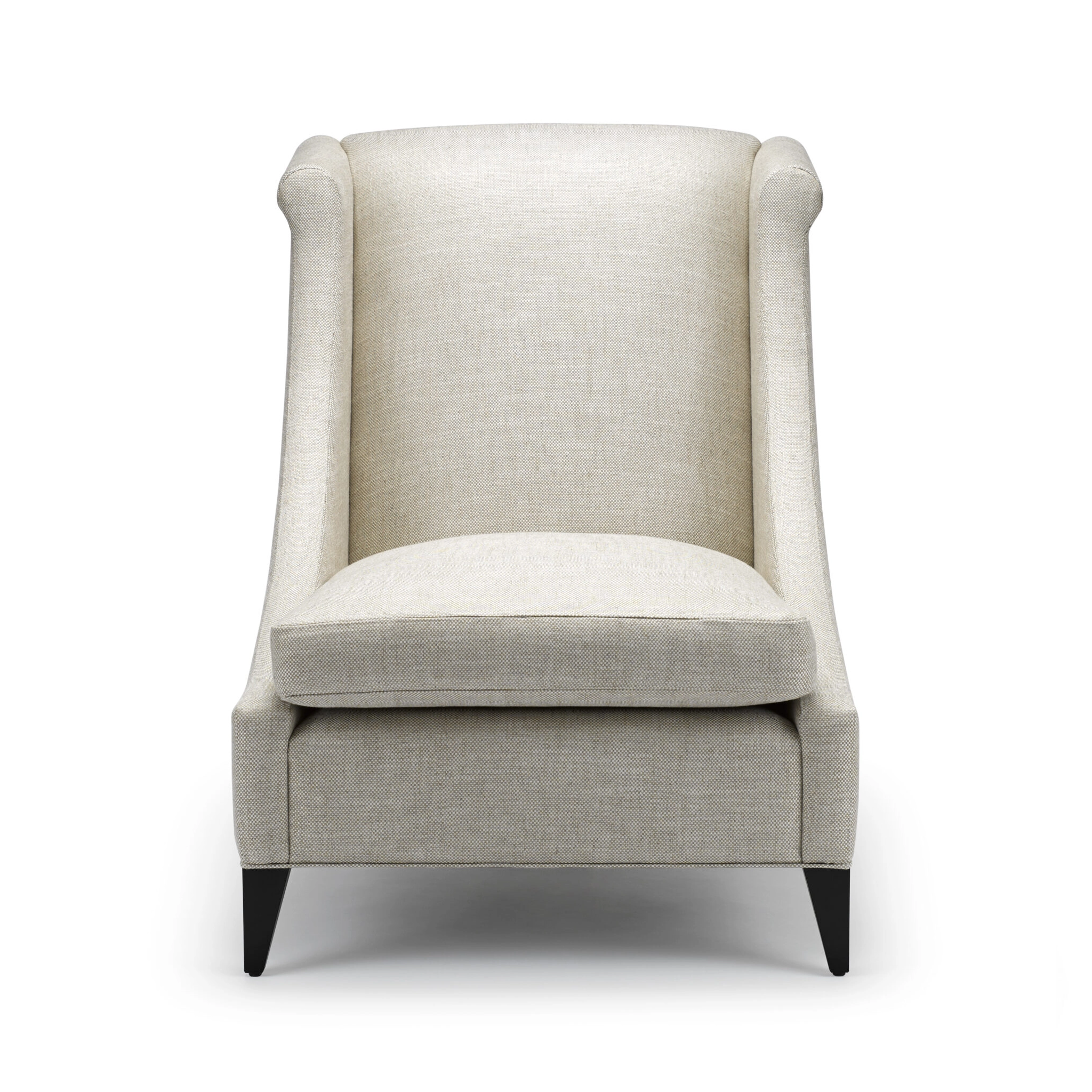 The Vegas Lounger - Shown here upholstered in Romo Delano Linen, with legs in black lacquered walnut.