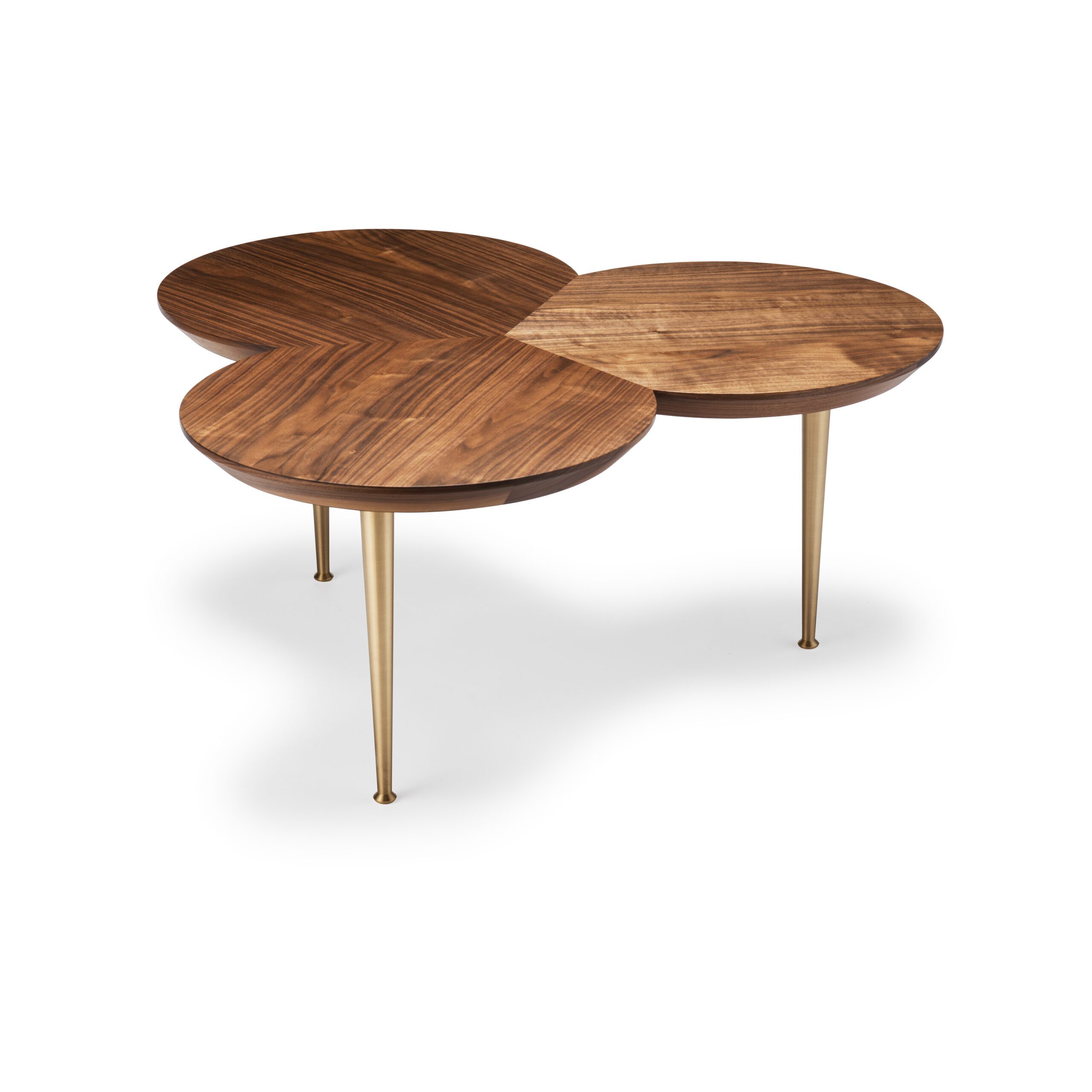 The Stem Coffee Table - Shown here in natural oiled walnut and brass. The top is made from solid and veneered timber. The legs are precision engineered from solid brass.