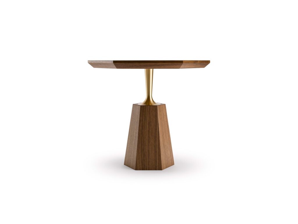 The Hex Occasional Table - Shown here in natural oiled walnut and machine turned solid brass.