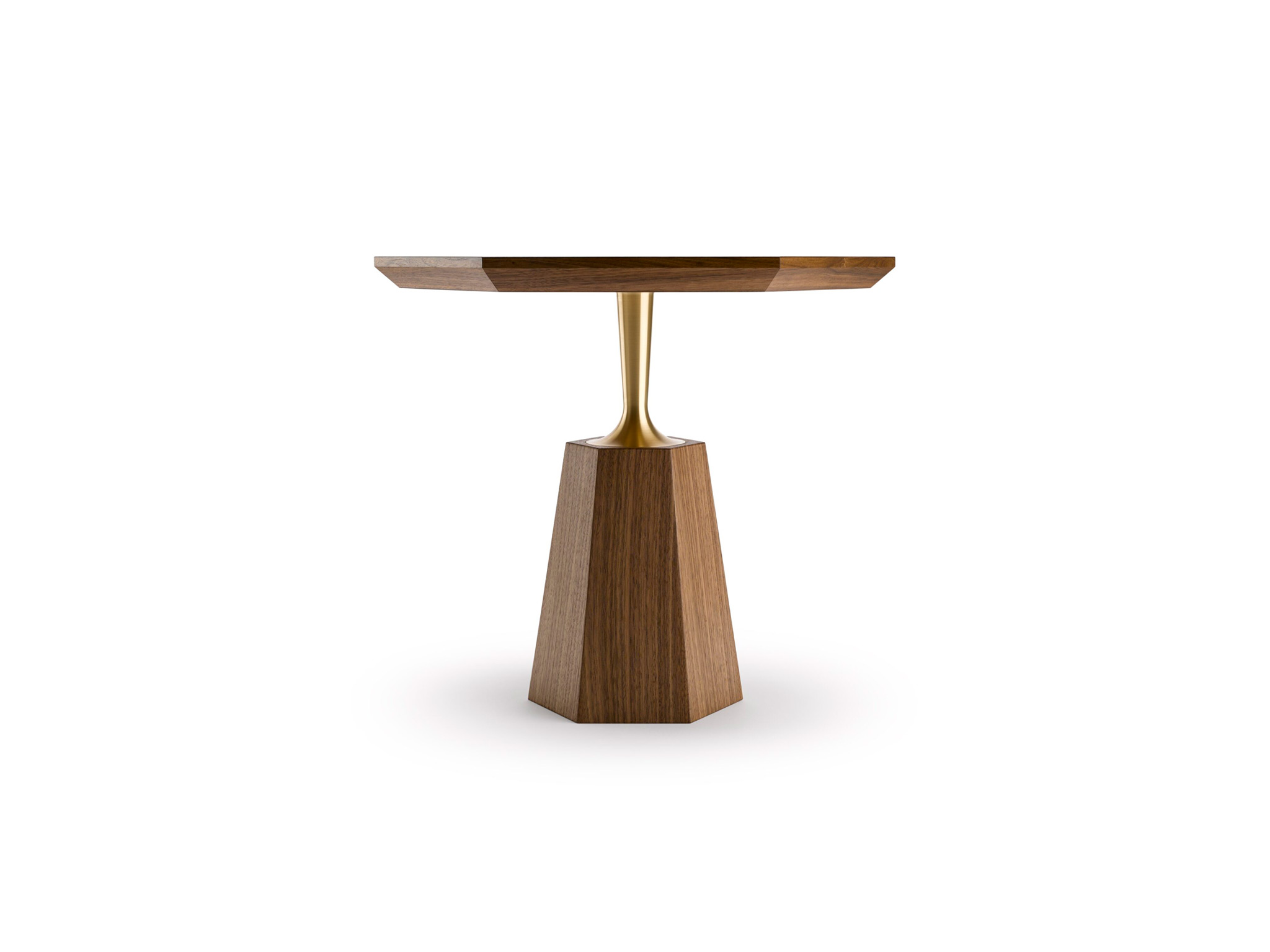 The Hex Occasional Table - Shown here in natural oiled walnut and machine turned solid brass.