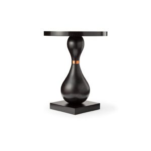 The Kingpin Occassional Table is turned by hand, inspired by the fluid shape of a tenpin. Complete with its metal collar. Shown here in ebonised oak and copper.